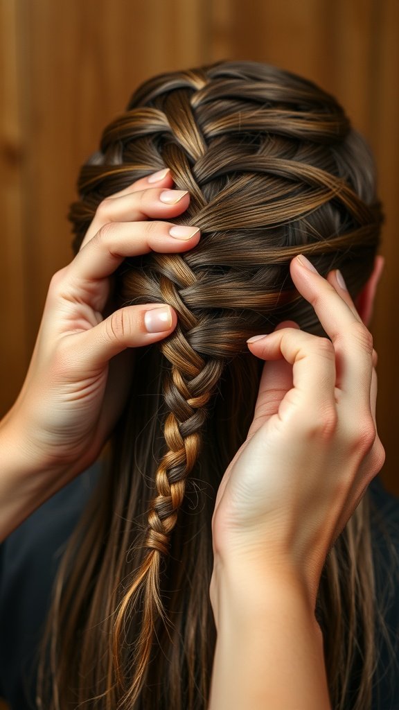 Hands braiding hair into small knotless box braids