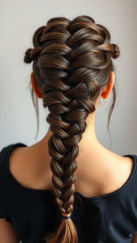 A close-up view of a beautifully braided hairstyle, showcasing a long, neat braid.