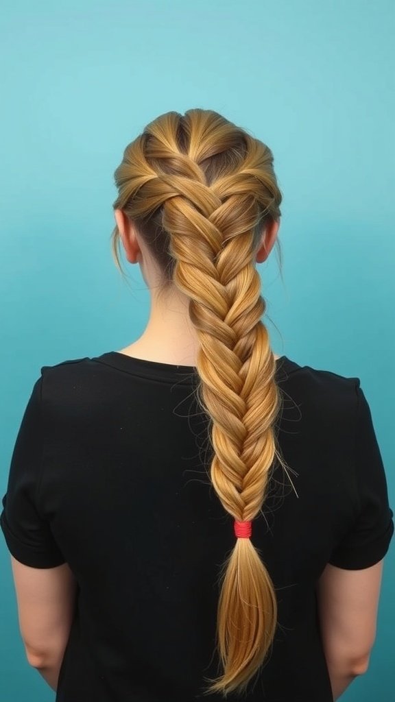 A close-up of a honey blonde knotless braid styled neatly down the back.