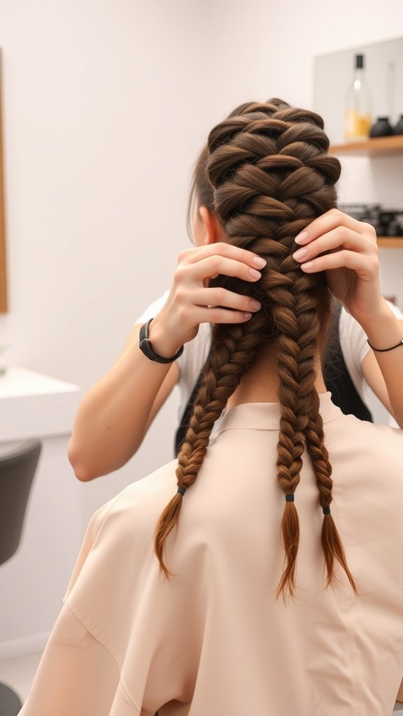 A person braiding hair into honey blonde knotless braids, showcasing a step-by-step technique.