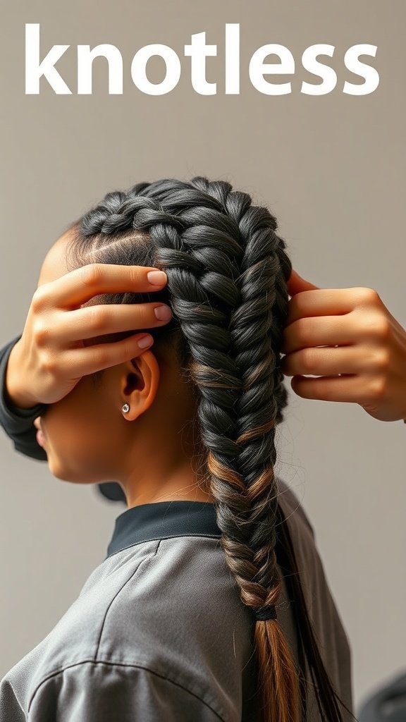 A close-up of a person creating knotless braids, showcasing the technique and neatness involved.