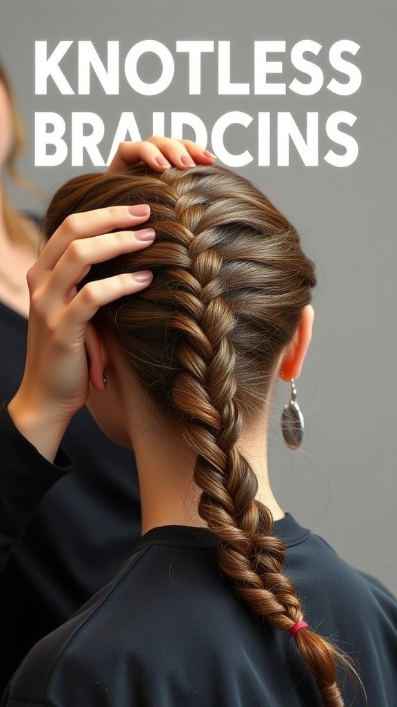 A close-up of a person creating knotless braids on a model's hair, showcasing the technique and style.