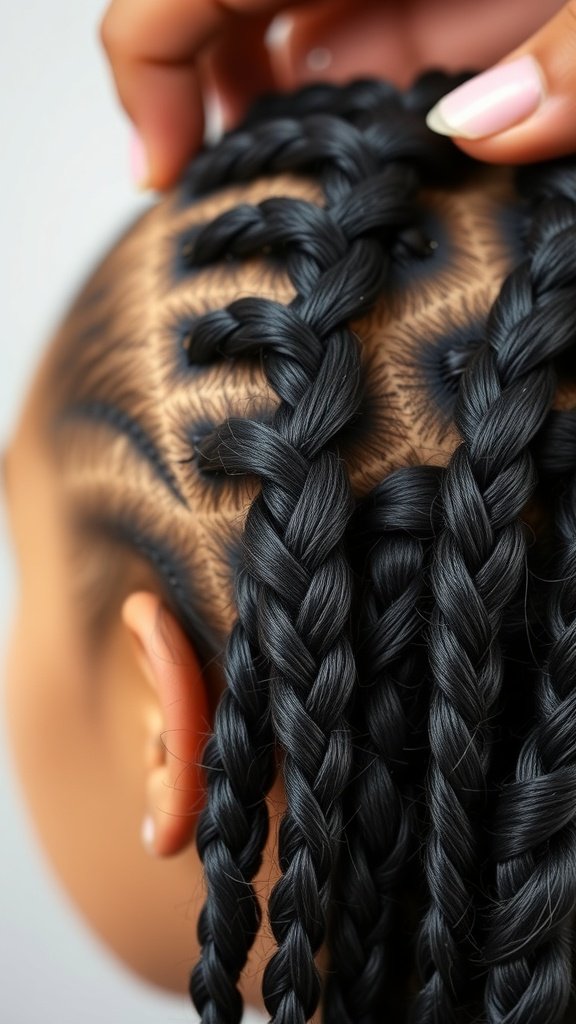 Close-up of a person braiding hair into short knotless box braids.