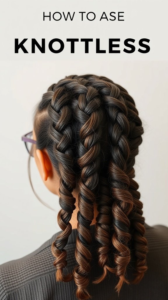 A close-up of a person with knotless braids featuring curly ends, showcasing the braiding technique.
