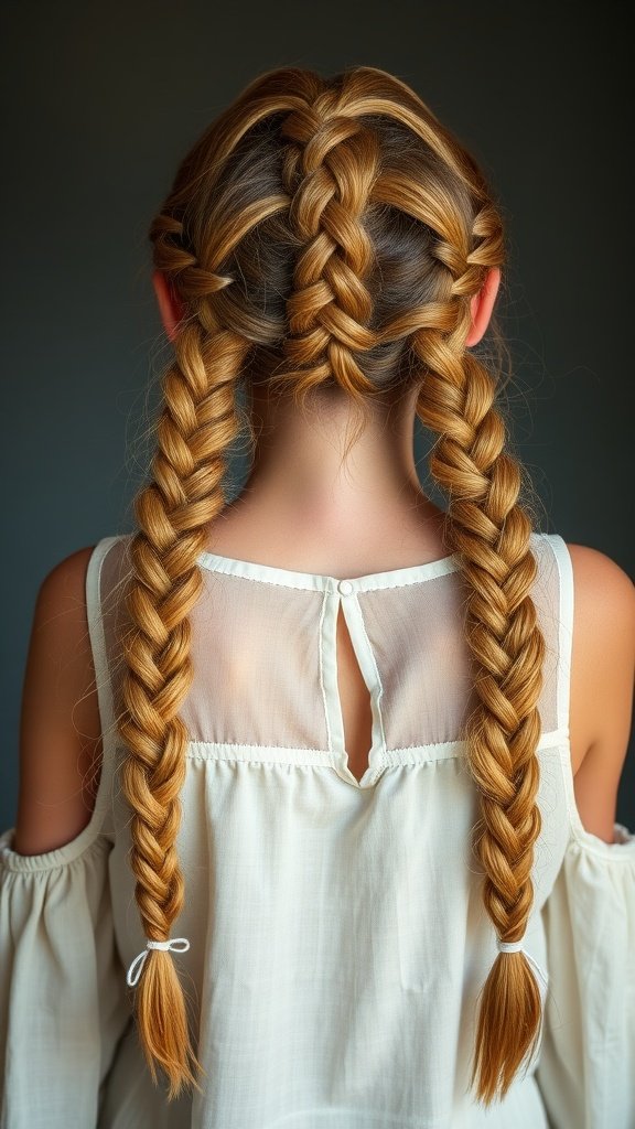 A back view of a girl with two neatly braided knotless braids, showcasing a stylish and relaxed hairstyle.