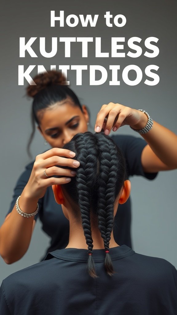 A stylist demonstrating the installation of knotless braids on a client.