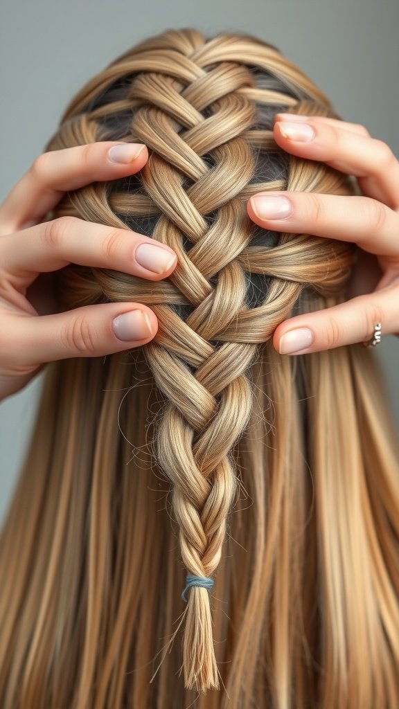 A close-up of a blonde knotless braid being styled, showcasing the intricate pattern and texture.