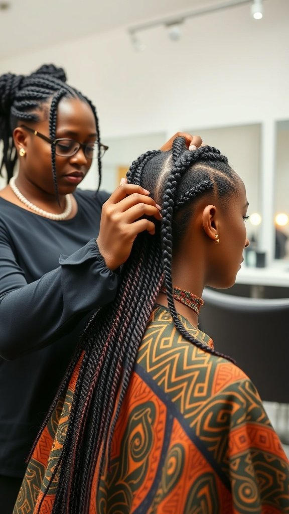 A stylist working on a client's Fulani knotless braids in a salon setting.