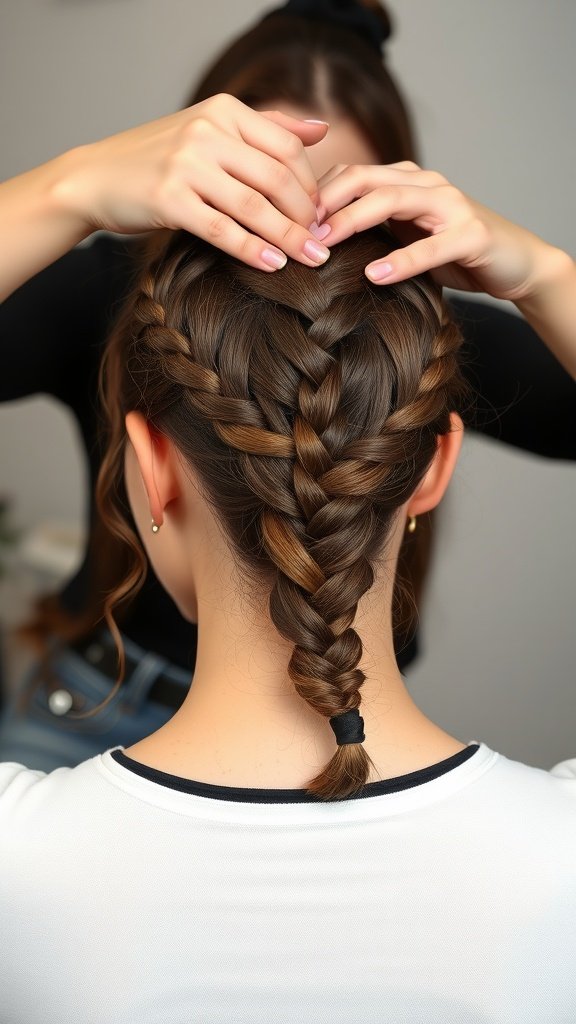 A close-up of a person preparing to braid hair, focusing on the intricate details of the braiding process.