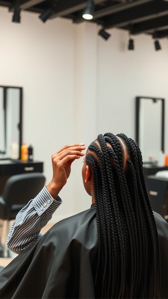 A person in a salon chair preparing for the installation of blonde knotless box braids.