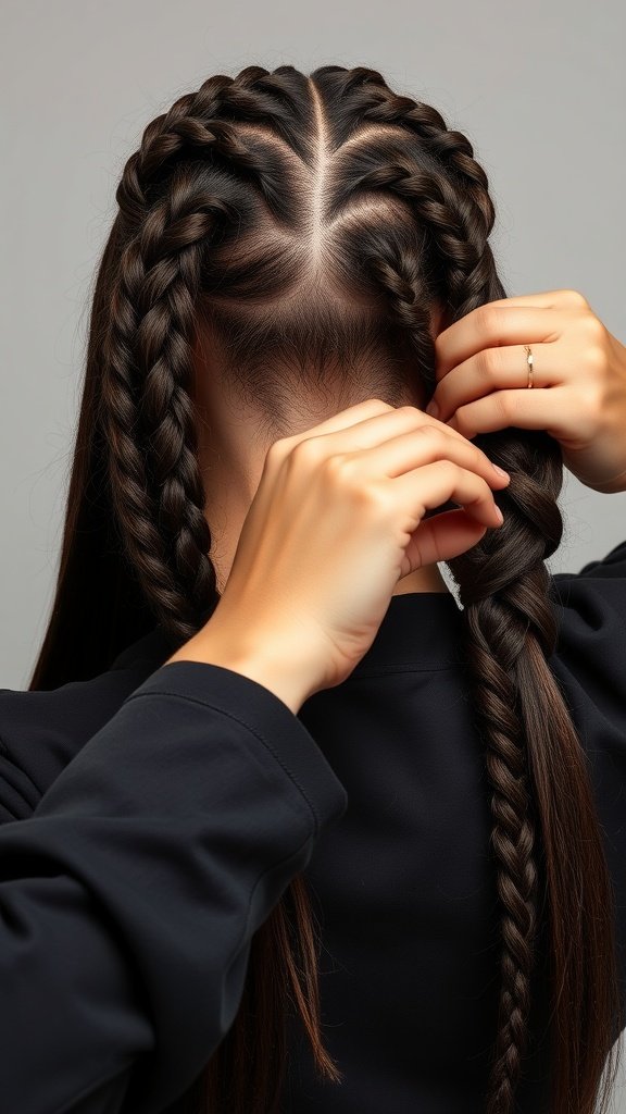 A person braiding hair into knotless braids, showcasing the step-by-step process.