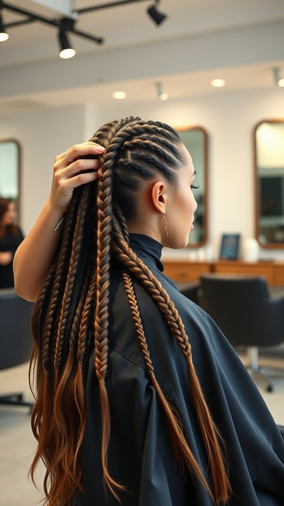 A woman getting her Jumbo Boho Knotless Braids styled in a salon.