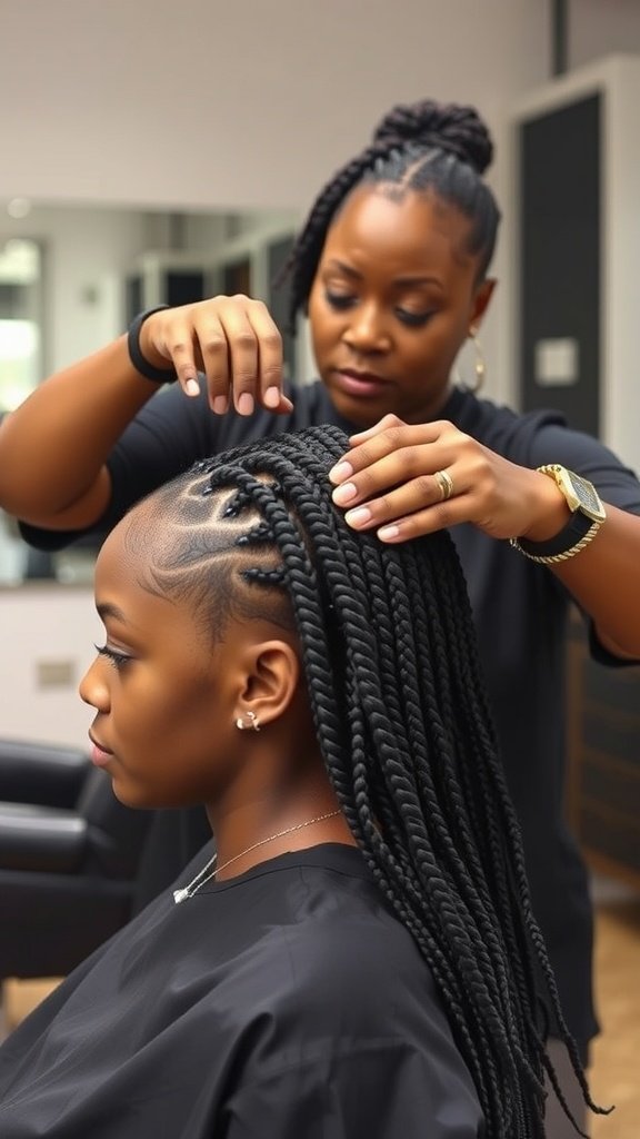 A stylist installing medium knotless box braids on a client, showcasing the detailed process and neat sections.
