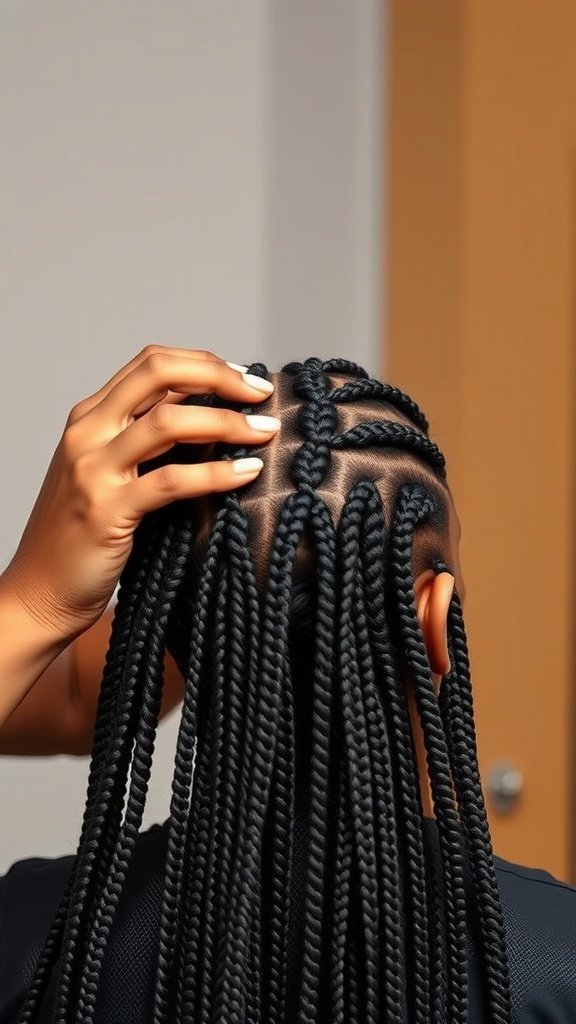 A close-up view of the installation process for short knotless box braids, showing neatly sectioned hair being braided.