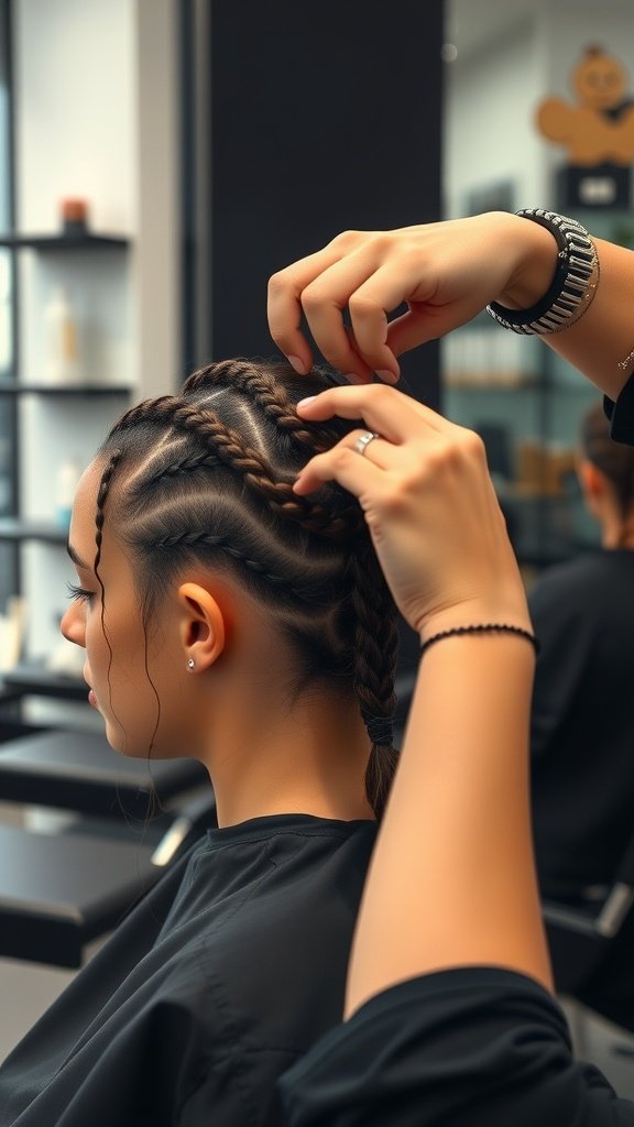 A stylist working on knotless braids in a salon, showcasing the intricate braiding technique.