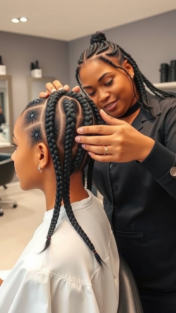 A stylist working on medium knotless braids in a salon.