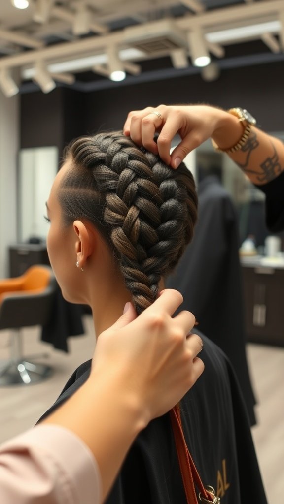 A stylist working on a knotless braid on a client's hair in a salon setting.