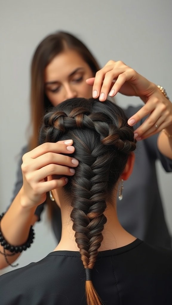 A stylist creating a braided hairstyle on a client, showcasing the intricate details of knotless braids.