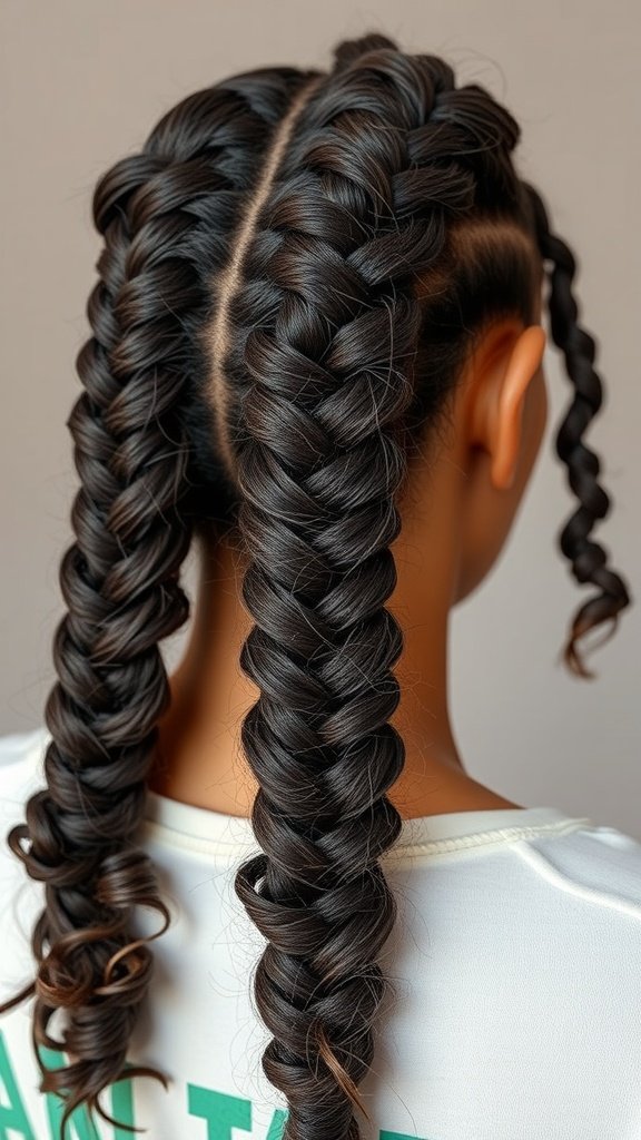Back view of a person with two knotless braids and curls at the ends.