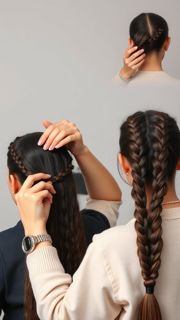 A person demonstrating the process of creating long knotless braids, showing the technique and styling.