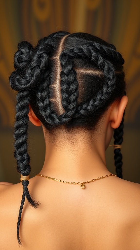 A close-up of a stylish braided hairstyle featuring intricate knotless braids.