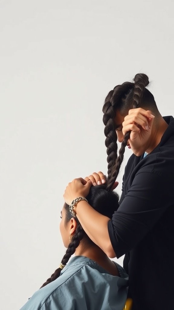 A stylist installing knotless braids on a client's hair, showcasing the technique and care involved.