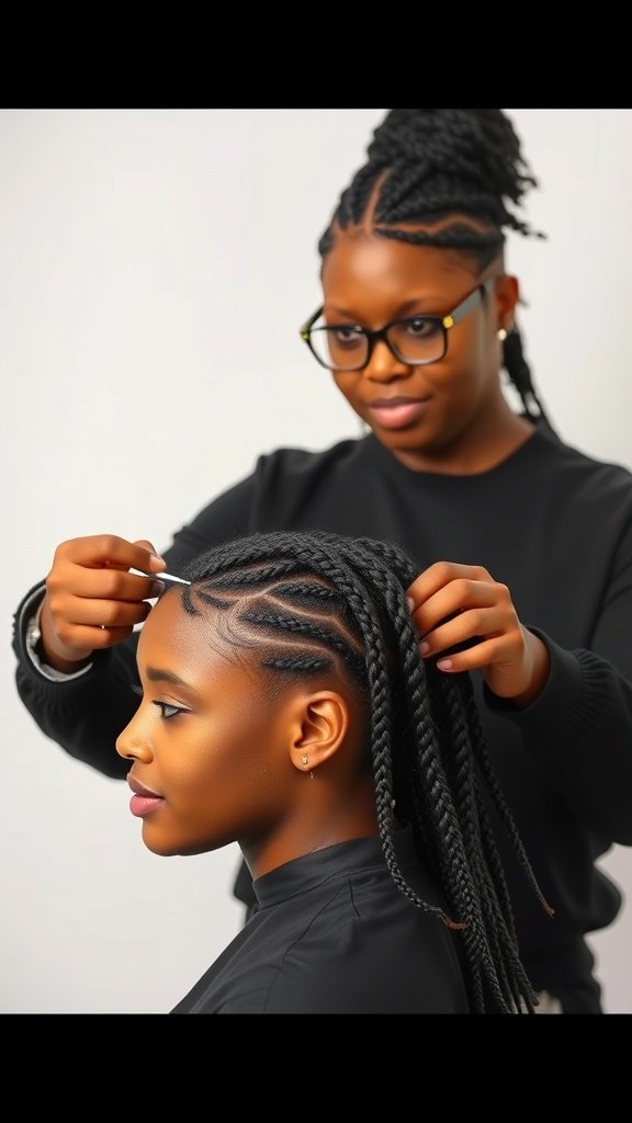 A stylist installing knotless twist braids on a client's hair, showcasing neat parting and braiding technique.