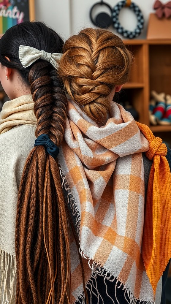 Two women showcasing different braided hairstyles with accessories.