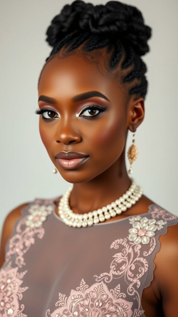 A woman with short knotless box braids styled in an elegant updo, wearing a pearl necklace and earrings.