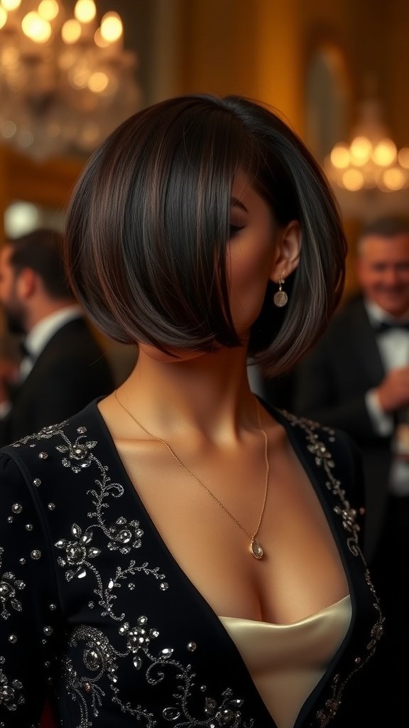 A woman showcasing a stylish bob hairstyle with elegant attire, perfect for special occasions.