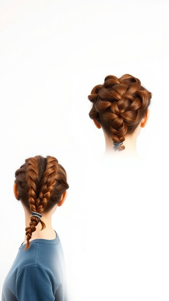 A model showcasing honey brown knotless braids styled in two different ways, featuring intricate braiding techniques.