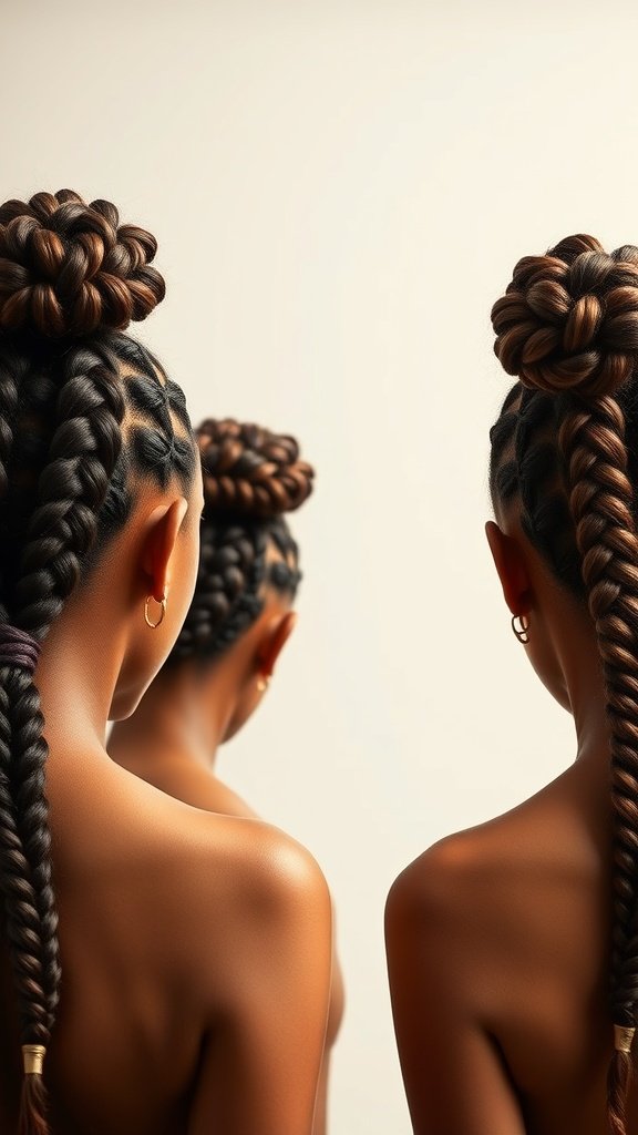 Three individuals with jumbo knotless box braids styled in elegant updos, showcasing versatility and beauty.