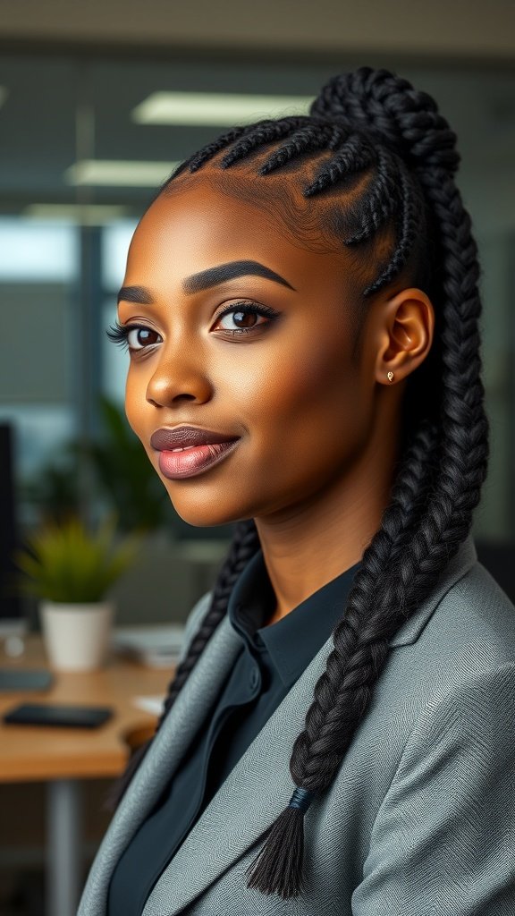 A woman with knotless braids styled for a professional setting.