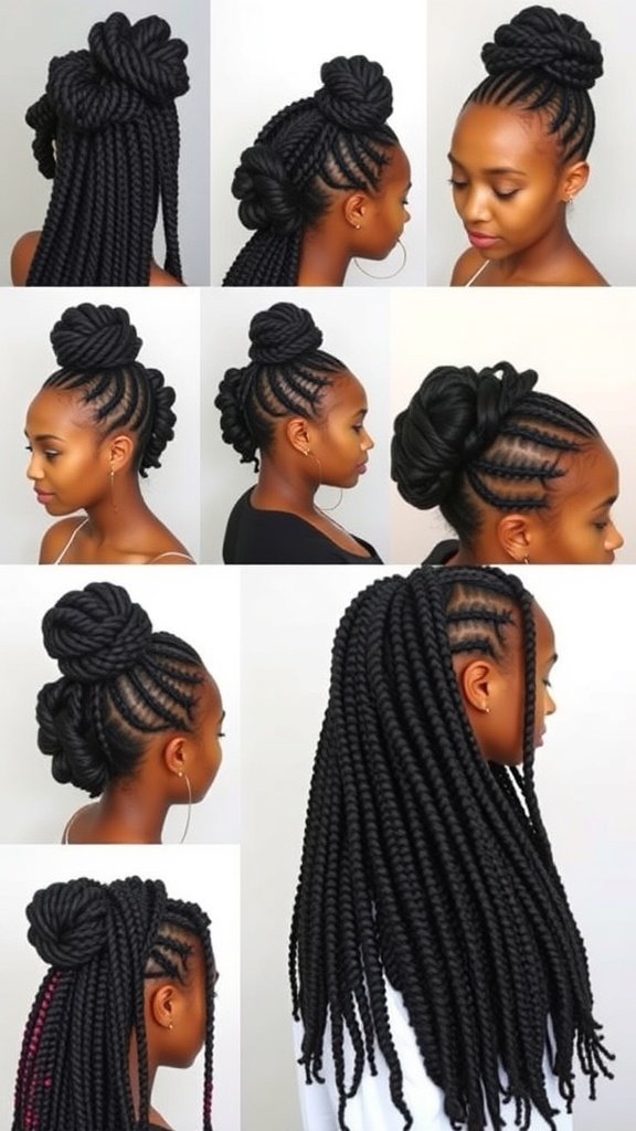 A collage of different styling options for big knotless box braids, showcasing various updos and loose styles.