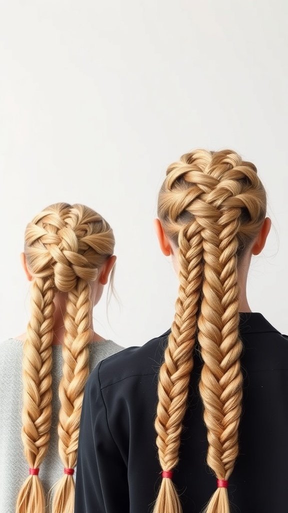 Two girls with blonde knotless braids styled differently, showcasing intricate patterns and smooth finishes.