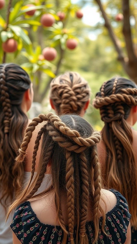 A group of individuals showcasing various styles of bohemian knotless braids in a natural setting.