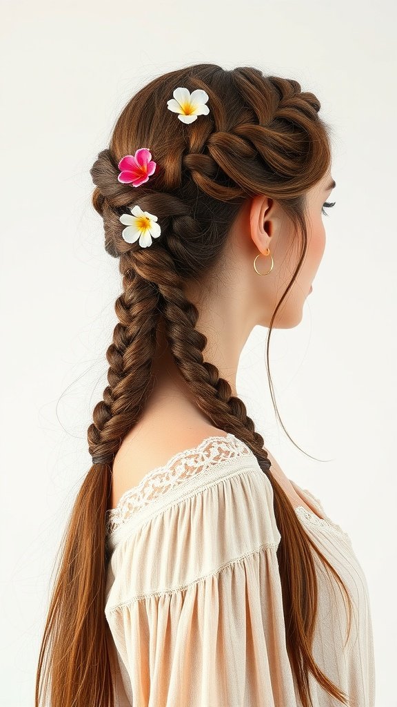 A woman with intricate braids and flowers in her hair, showcasing a bohemian hairstyle.