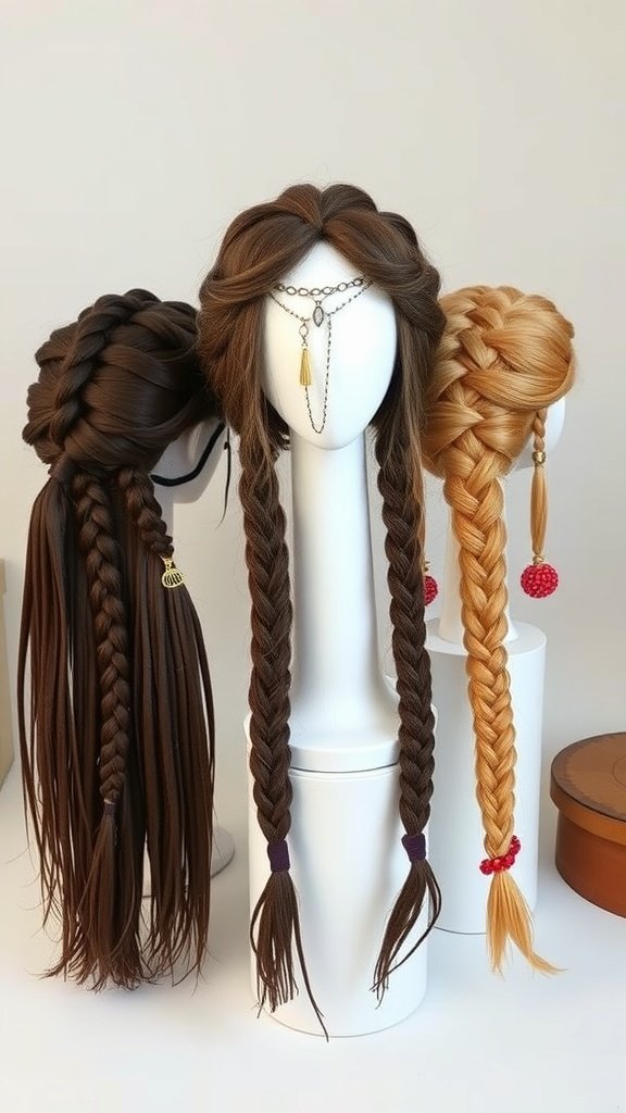 Three different styles of boho knotless braids displayed on mannequins, showcasing various lengths and accessories.