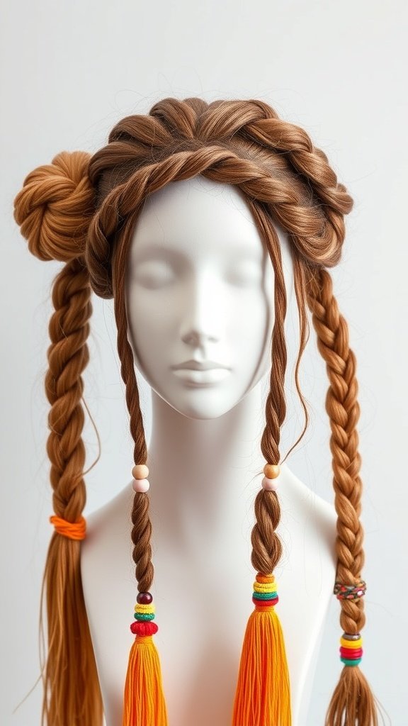 A mannequin displaying a creative hairstyle featuring boho knotless braids with colorful beads and tassels.