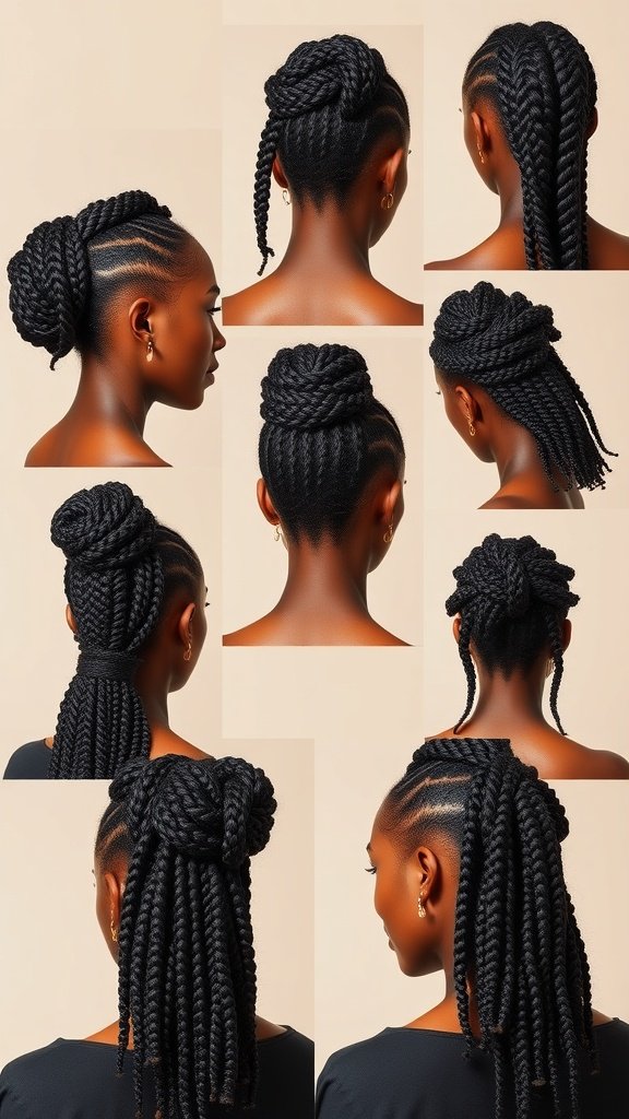 Various styling options for Fulani knotless braids, showcasing different hairstyles including updos, ponytails, and boho styles.