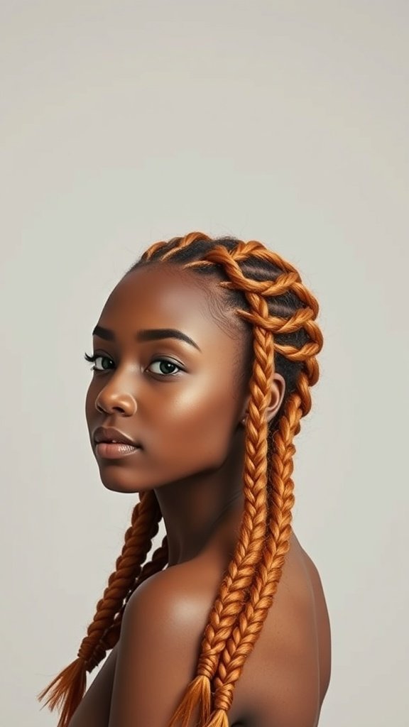 A model showcasing ginger knotless braids, highlighting the vibrant color and intricate styling.
