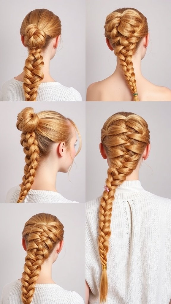 Different styles of honey blonde knotless braids including classic braid, bun, half-up style, and fishtail braid.