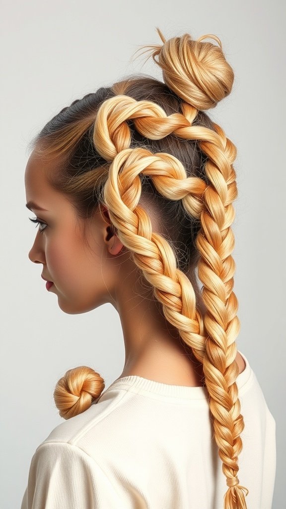 A woman showcasing honey blonde knotless braids styled creatively.