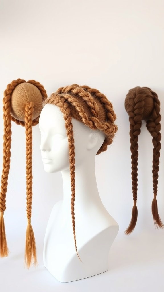 Various styles of jumbo boho knotless braids displayed on a mannequin head.