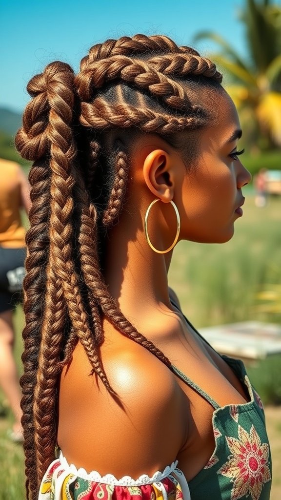 A woman with Jumbo Boho Knotless Braids styled in a high ponytail, showcasing intricate braiding and a playful look.