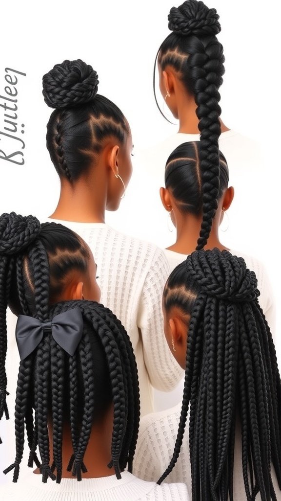 Various styling options for small knotless box braids, including a high bun, braided ponytail, and loose braids with curls.