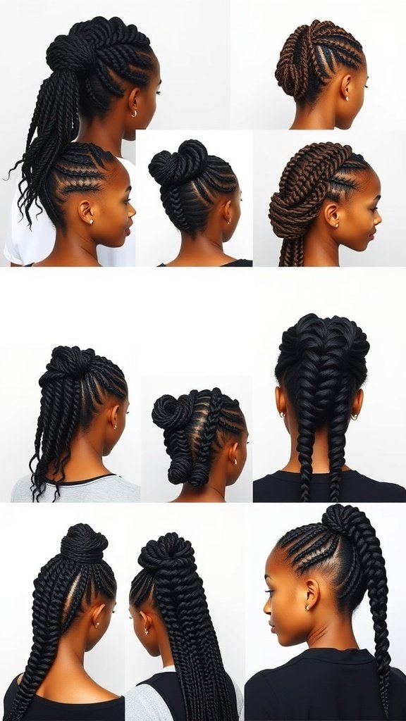 Various styling options for small knotless box braids, showcasing different hairstyles like ponytails, buns, and twists.