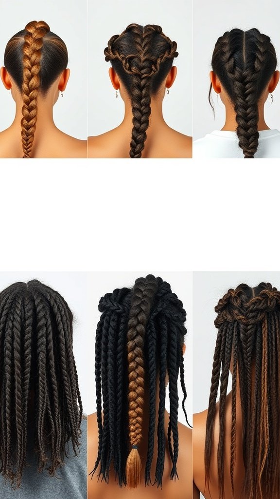 Various styles of boho knotless braids including ponytails, updos, and braids with curls.