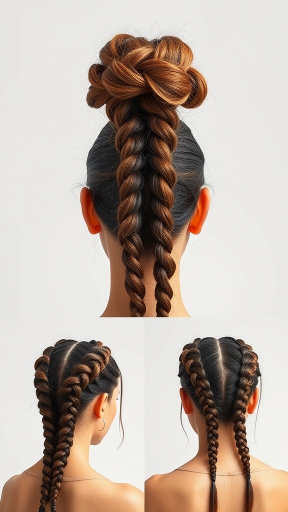 A variety of knotless braid styles including a bun, pigtails, and smaller braids.