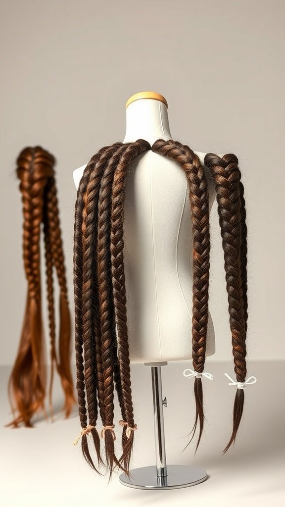 A display of long knotless braids on a mannequin, showcasing various styling options.